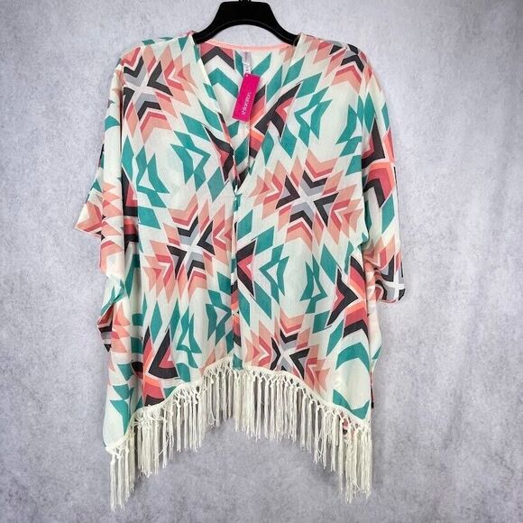 Kimono Cardigan Womens Size S/M Aztec Ivory Open Boxy Fringe Bohemian Cover Up - Picture 6 of 13